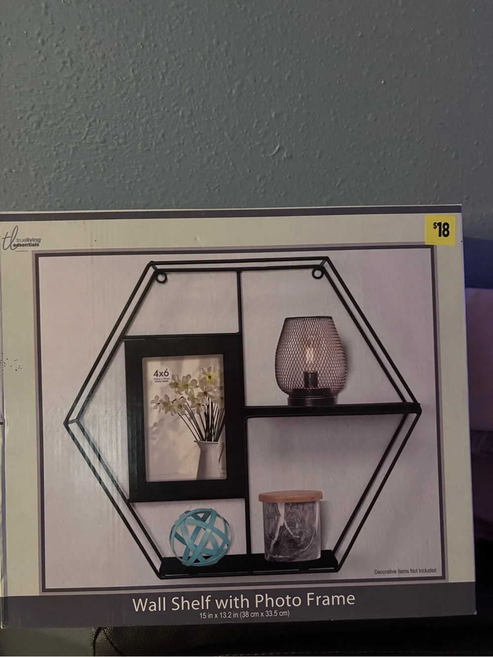 Geometric Hexagon Wall Shelf with 4x6 Photo Frame - Black Metal